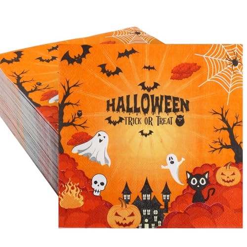 100 Pack Halloween Napkins Disposable,Halloween Cocktail Napkins - Orange Pumpkin,Cat,Spider