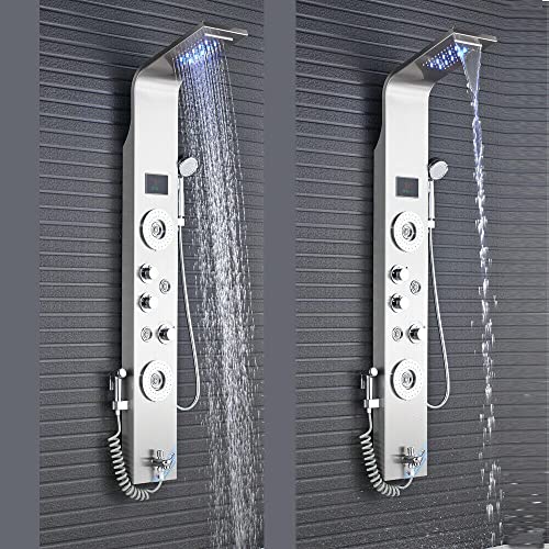 Panel de ducha con LED en níquel cepillado, torre con jets de masaje y cascada tipo lluvia miniatura 2
