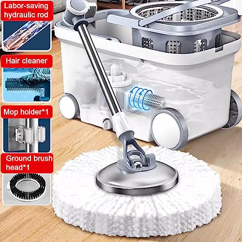 AMNOOL Spin Mop-Eimer mit Auswringer-Set – Bodenwischer mit 4 Rädern Easy Move, Verstellbarer Griff aus Edelstahl, 5 Mikrofaser-Ersatzkopf-Nachfüllungen, 1 Bodenbürste,Grey – Bild 3