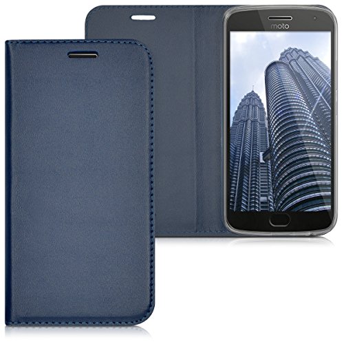 kwmobile Flip Case Compatible with Motorola Moto G5 Plus - Smooth PU Leather Slim Folio Cover Phone Holder - Dark Blue