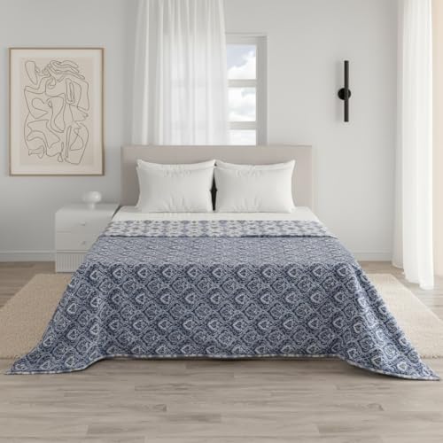 Image of HOMEMONDE 100% Cotton Reversible Dohar Double Bed Size | AC Blanket Comforter | Soft Lightweight Bed Blanket Quilt (84 x 94 Inch, Blue & White, Pack of 1)