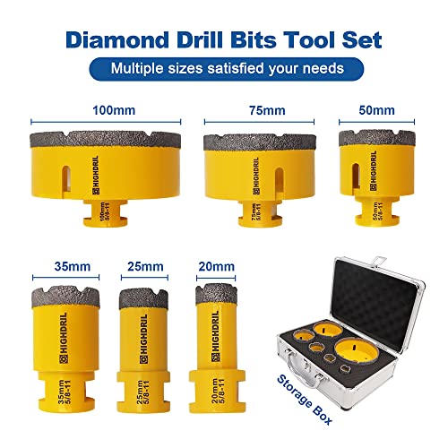 Highdril Diamond Drill Bits Kit With 5/8-11 For Porcelain Tile Ceramic Marble Brick Concrete Vacuum Brazed Hole Saw(20/25/35/50/75/100Mm) #TOP1