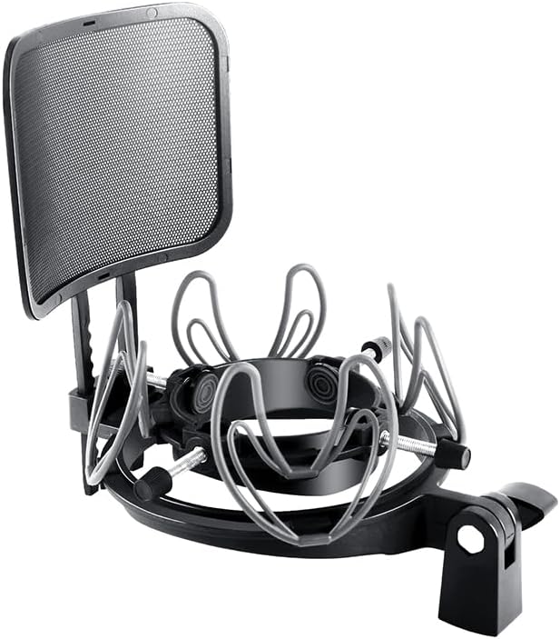 Universal Microphone Shock Mount with Pop Filter for Condenser Microphones Size at 21-62mm Anti-Vibration Mic Holder Clip(Black)