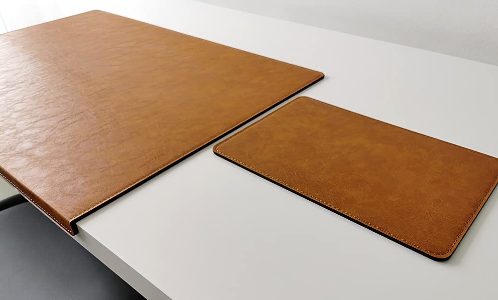 Gewinkelte Schreibtischunterlage mit Kanatenschutz und Mauspad in Lora Leder 60 x 38 Senftbraun