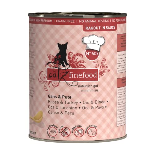 catz finefood Ragout N° 603 - Comida húmeda para Gatos de Ganso y Pavo, Comida húmeda para Gatos en Salsa sin Cereales y azúcar con Alto Porcentaje de Carne, 6 latas de 380 g