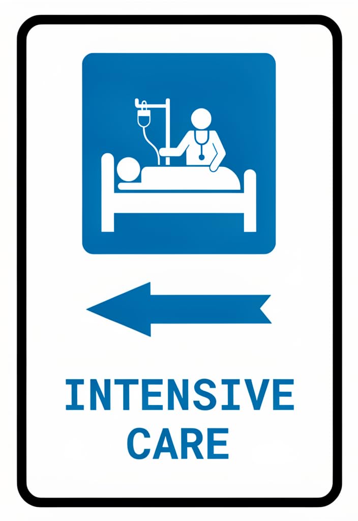 peiyeety Intensive Care Tin Sign 12x8 Inch, Blue and White Hospital Directional Metal Sign with Left Arrow, Vintage Wall Decor for Clinic,Office, Hospital Hallway,Station Gift