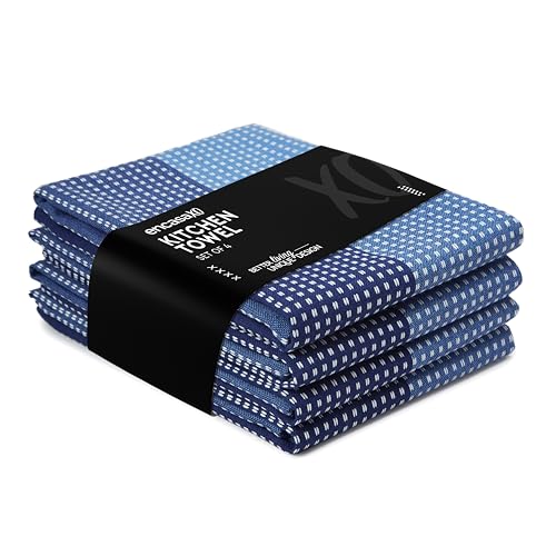 Image of Encasa XO Cotton Kitchen Towel Set - Super Absorbent 70x45 cm Tea Towels & Dish Cloths for Washing Up, Drying Dishes, and Cleaning - Ultra Soft and Durable - Pack of 4 - Blue