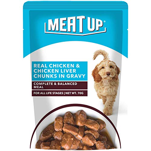 Image of Meat Up 100% Veg Adult Dry Dog Food, 3kg (Buy 1 Get 1 Free) & Wet Dog Food, Real Chicken and Chicken Liver in Gravy, 12 Pouches (12 x 70g) - Buy 1 Get 1 Free