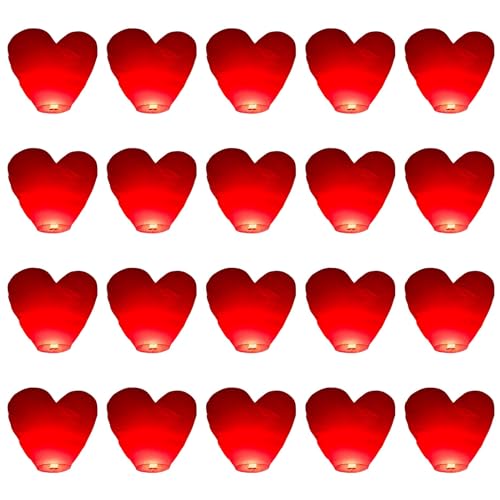 Confezione da 20 Lanterne Cinesi a Forma di Cuore, Ecologiche, Biodegradabili, Resistenti, per Matrimoni, Compleanni,Capodanno e Tutte le Celebrazioni-Rosso