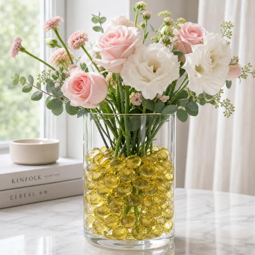 VGOODALL 450g 1LB 80-90PCS Yellow Glass Pebbles,Glass Beads Decorative Flat Glass Pebbles for Aquarium Marbles Decorative Nuggets Vase Filler