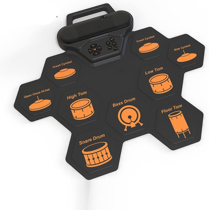 Electronic Drum 9 Pads Roll Set Built-in Speaker Rechargeable Pad Kit with Sticks Foot Pedal (Color : As Shown, Size : One Size)