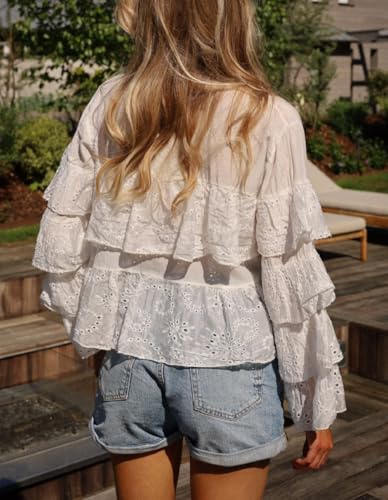 Women Chiffon Blouse Top Ruffle Trim Tie Front Shirt Long Sleeve Flowy Cardigan Lace Frilly Going Out top2