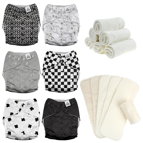 Image of Mama Koala 3.0 Baby Cloth Diapers with 6 Inserts Bundle(Black and White), with 6 Pack 6-Layer Bboo Hemp Cotton Inserts