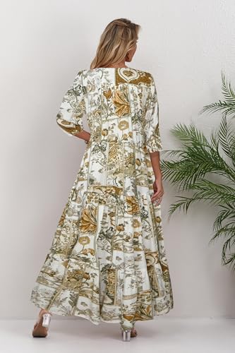 Image of Women Short Sleeve V Neck Floral Print Casual Bohemian Maxi Dresses