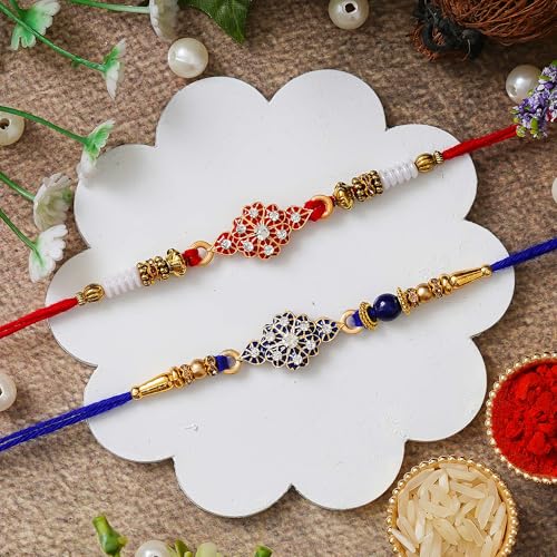 Image of eCraftIndia Set of 2 Multicolor Religious Om Symbol and Peacock Designer Rakhis with Roli Chawal Pack and Best Bro Ever Fridge Magnet - Rakhi for Brother