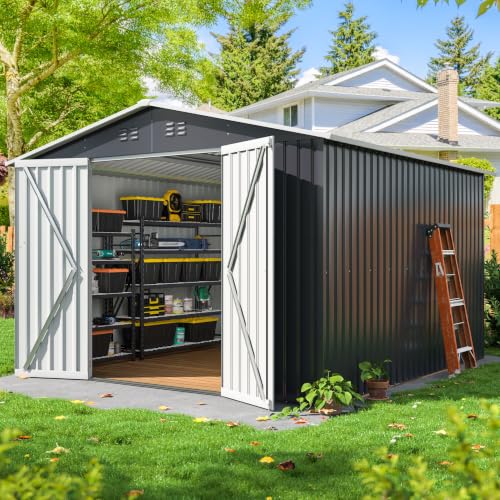 Image of DAUSOLA 10x10 FT Outdoor Storage Shed, Metal Garden Tool Sheds for Backyard | Sturdy Upgrade, Weatherproof, Ample Space, Secure Lockable Doors, Solid Base, Durable, Low-Maintenance, For Garden Patio Lawn