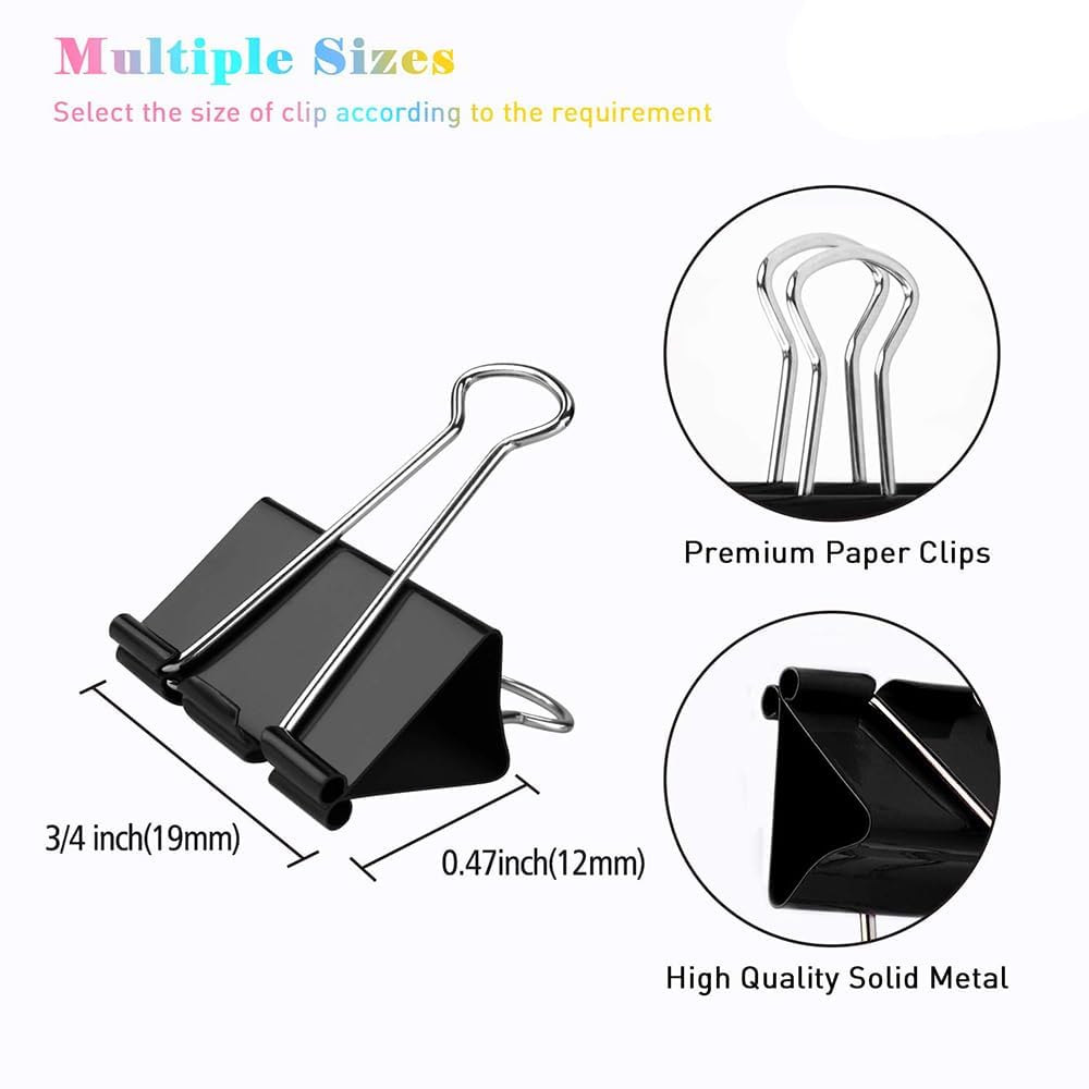 Lot de 144 petites pinces à reliure, 1,6 cm, standard 19 mm, noir, petits trombones pour classeur, pinces pliables, petites trombones, fournitures de bureau