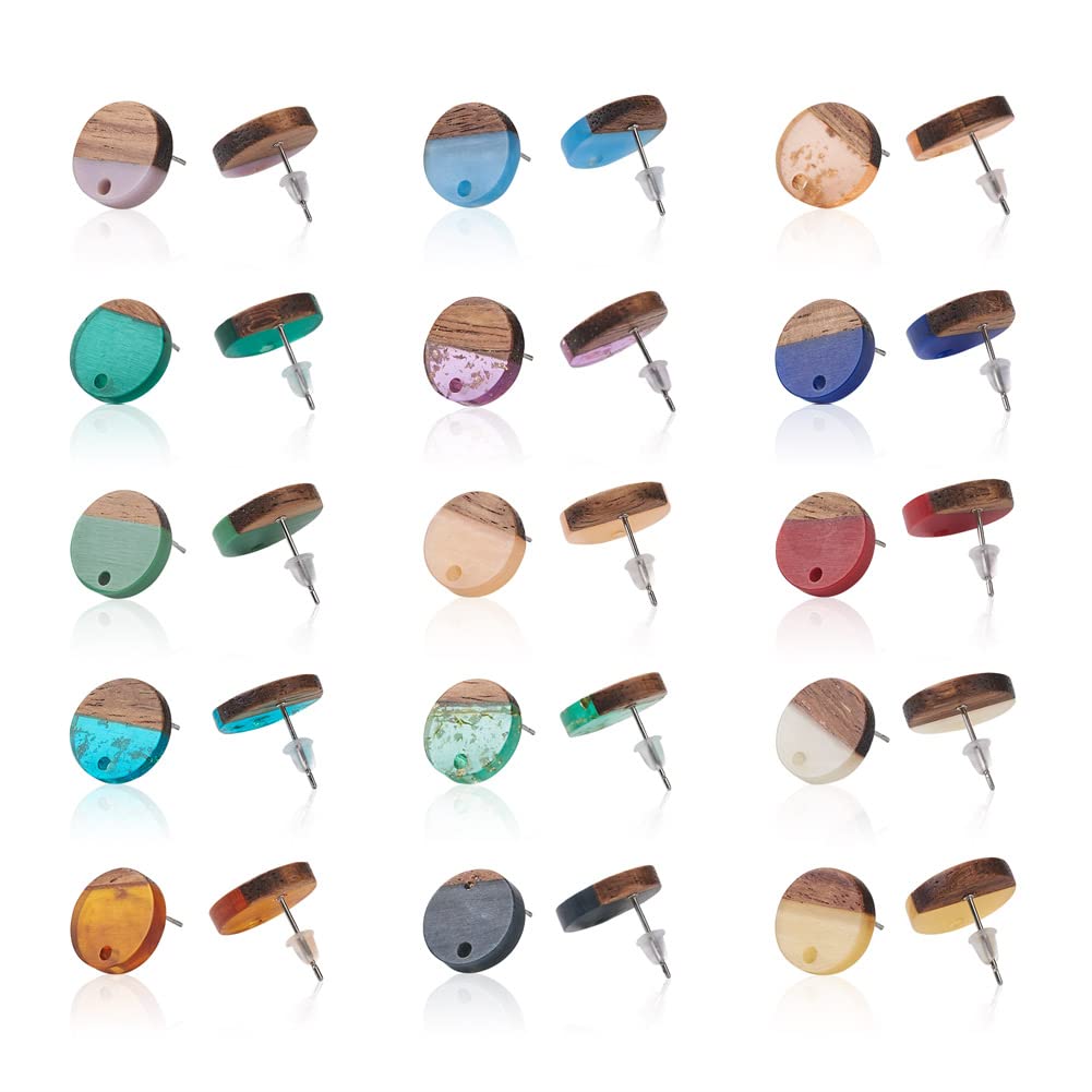 Craftdady 15 Paia Orecchini A Perno Piatti Rotondi In Resina E Legno Con Lamina D'Oro - Base Per Orecchini Fai Da Te Boho (14mm)