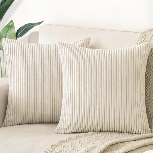 Softalker Throw Pillow Covers 18 x 18, Set of 2 - Cream Spring Decorative Soft Corduroy Striped Boho...