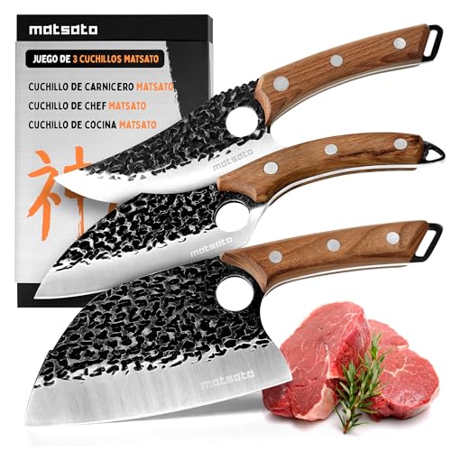 Matsato Conjunto de facas de cozinha profissional de 3 peças, faca de chefe, faca para carne, faca universal com cabo ergonómico em madeira