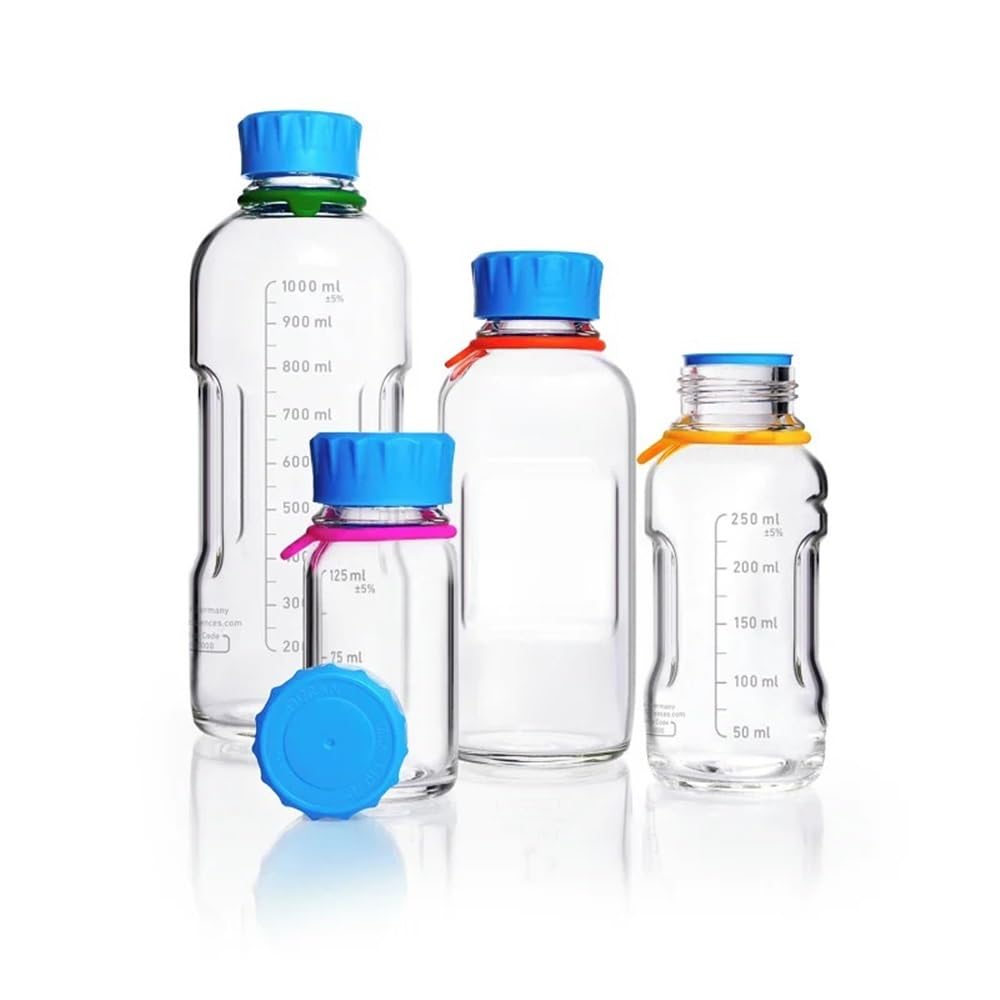 GL45 Laborflasche (klar) mit Schraubverschluss und Ausgießring (PP), mit 168-1 Gewinde graduiert(1000mL)