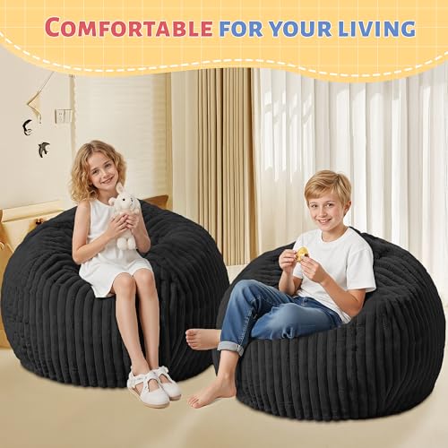Image of HABUTWAY 2FT Bean Bag Chair, 2' Bean Bag Chairs with Memory Foam Filled, Small Comfy Beanbag Chair with Stripe Plush Cover for Living Room Bedroom Dorm, Black