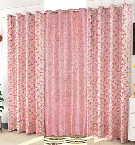 Image of Purav Light Jacquard Curtains Set of 3 Piece 5 Feet Long for Window & Living /Bedroom, Room Darkening Jute Polyester Weaved Parda, 3PC (Window - 5 Feet,Pink)
