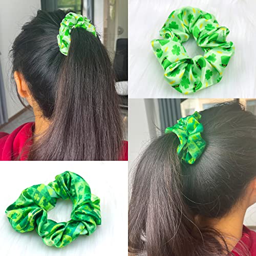 St.patrick's Day Elastics Hair Ties Four Leaf Clover Silk Scrunchies Irish Hat Shamrock Hair Accessories For Women Girls Green Hair Band Ponytail Holder Bracelet Ropes Party Favor 2Pcs #TOP3