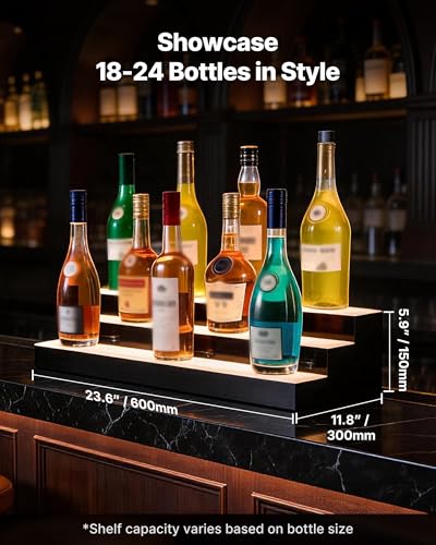Image of VEVOR LED Lighted Liquor Bottle Display, 3 Tiers 24 Inches, Supports USB, Illuminated Home Bar Shelf with RF Remote & App Control 7 Static Colors 1-4 H Timing, Acrylic Lighted Shelf for 18 Bottles