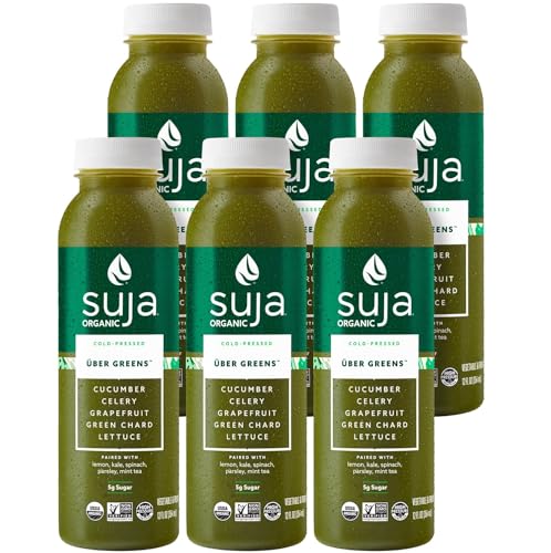 Suja Organic Vegan Uber Greens - Non-GMO Project No Added Sugar Plat Based Gluten and Dairy Free Cucumber Celery Graepfruit Chard Lettuce Lemon 6 Pack (10.5 oz Each)