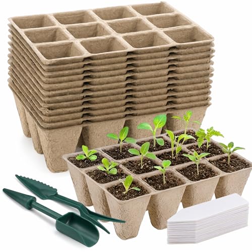 Prudiut 144 Cells Seed Starter Tray, 12 Pack Biodegradable Peat Pots, Plant Starter Kit for...