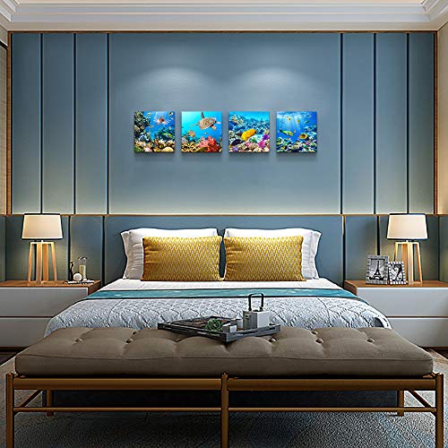 Image of Bathroom Wall Decor Canvas Wall Art For Living Room Office Decor Modern Bedroom Home Decor 4 Panels Stretched And Framed Ready To Hang Blue Ocean Theme Sea Fish And Sea Turtles Undersea World Draw