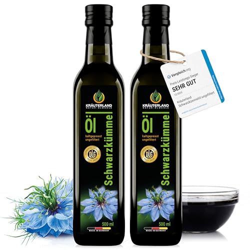 Kräuterland Schwarzkümmelöl 2X500ml (1Liter), ungefiltert, kaltgepresst, naturrein ohne Zusatzstoffe, Omega 3-6-9, hoher Thymochinon, vegan, mild, mühlenfrisch aus unsrer hessischen Ölmühle