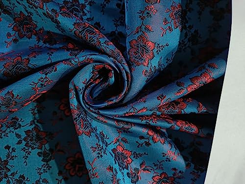 Brocart de soie bleu rouge noir BRO193 luxueux de 44 pouces de large