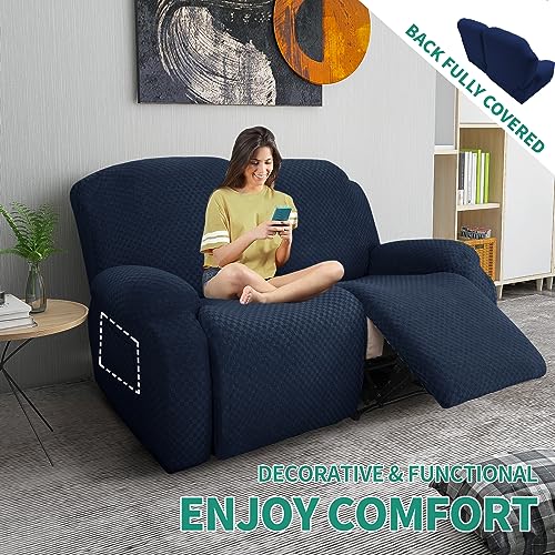 Image of YEMYHOM 6 Pieces Stretch Loveseat Recliner Slipcover Jacquard Recliner Sofa Cover with Side Pocket Fitted Recliner Cover Couch Furniture Protector with Elastic Bottom (Loveseat Recliner, Navy)