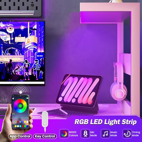 Image of YOUDENOVA 40 Inch Gaming Computer Desk with Led Lights, Small Desk with Storage Shelves and Drawers, Reversible Compact Gamer Table for Home Office, Carbon Fiber Pink