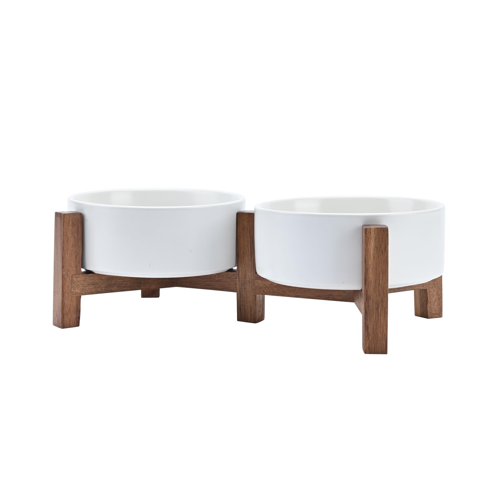 SPUNKYJUNKY Juego de cuencos de cerámica para perros con soporte de madera de acacia, cuenco elevado para comida y agua para perros pequeños y medianos (13 onzas, blanco)