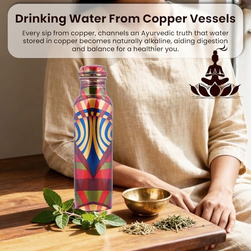 Image of Craft Trade 100% Pure Copper Water Bottle 950ml, Ayurveda inspired Copper Bottle for Drinking, Unique Handpainted Design - Boosts Immunity & Digestion, Leak-Proof, BPA-Free - 2Pk