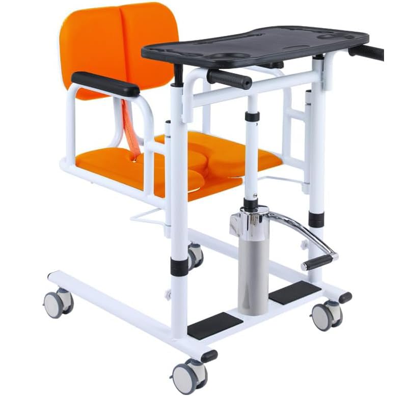 Patient Lift Transfer Chair for Home 180 Split Seat for Elderly W/Potty 4 in 1 Height Adjustable Patient Transfer Chair for Seniors Elderly Handicapped Bathroom Wheelchair (Orange)