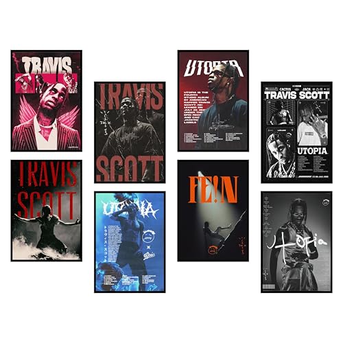 Image of Song Artist Aesthetic Music Posters Pack of 8 | A4 Size Wall Art for Bedroom, Living Room & Studio | Includes Adhesive Tape | Music Artist Poster Set (Travis Scott)