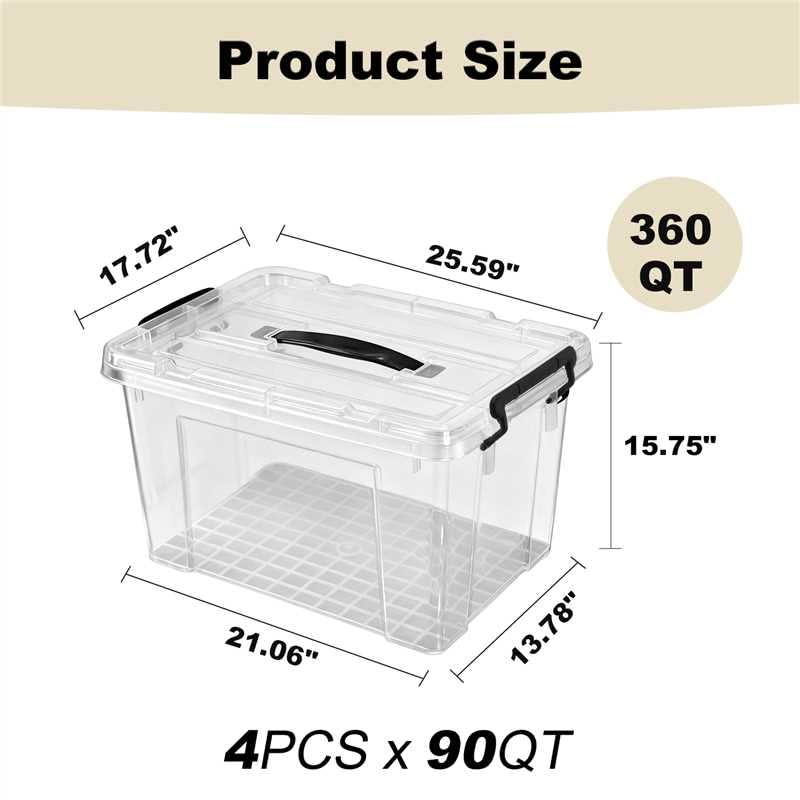 Image of 360 QT Clear Large Storage Bins with Lids, 4 Pack 90 QT-Stackable Plastic Organizer for Home, Office, Garage, BPA-Free, Heavy-Duty, See-Through Containers with Secure Latches & Handles