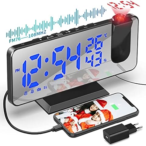 TAKRINK Wecker Digital Radiowecker mit 4 Stufen Bildschirmhelligkeit Projektionswecker mit Temperatur Wecker mit Projektion Dual-Alarm 12 / 24H USB-Anschluss Cover