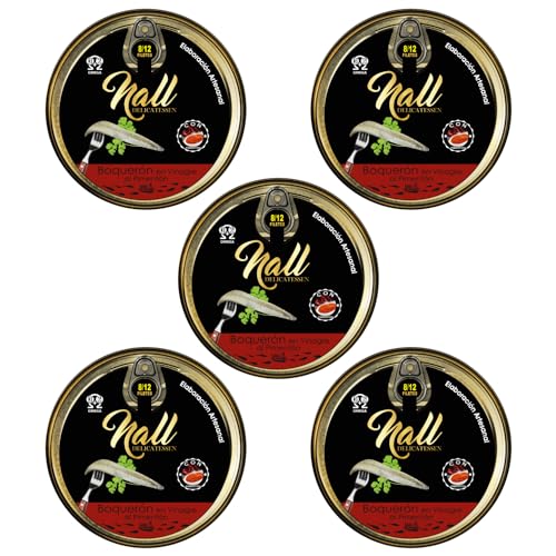 NALL DELICATESSEN Pack 5 Latas Boquerón en Vinagre al PIMENTÓN | Elaboración Artesanal con Aceite de Oliva Virgen Extra | 8-12 Filetes/lata (5 Latas)