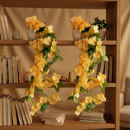 Image of Dekorly Artificial Hanging Garland with Pot - 100cm Vine |10cm Decorative Pot for Table |Shelf & Wall Decor | (2, Yellow)