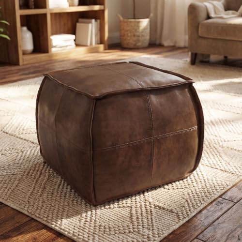 Divanus Leather Ottoman,Handmade Stuffed Square Ottoman,Genuine Leather Pouf, Foot...