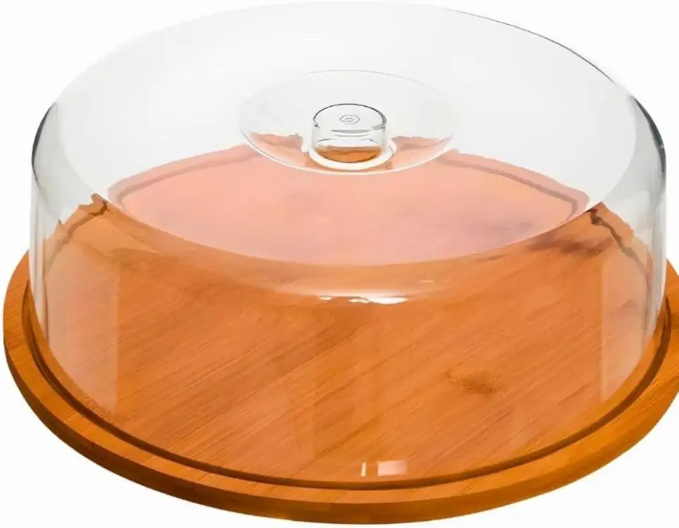 Boleira Prato para Bolo com Tampa de Acrílico Base de Bambu 28cm de Diâmetro 9.5cm de Altura Redondo Ideal para Bolos e Sobremesas
