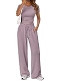 Trendy Queen 2 Piece Matching Summer Sweatsuit Lounge Set Womens Wide Leg Pants Side Ruching Crop Top Sets