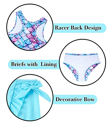 Girls Swimsuits 3 Piece Tankini Bathing Suit Set Cute Bikini Swimwear with Cover Ups Beach Skirt 5-16 Years