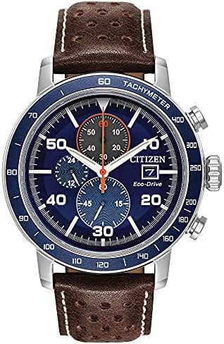Citizen Men's Eco-Drive Weekender Brycen Chronograph Watch in Stainless Steel, Brown Leather strap, Blue Dial (Model: CA0648-09L)
