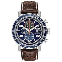 Citizen Men's Eco-Drive Weekender Brycen Chronograph Watch in Stainless Steel, Brown Leather Strap, Blue Dial (Model: CA0648-09L)